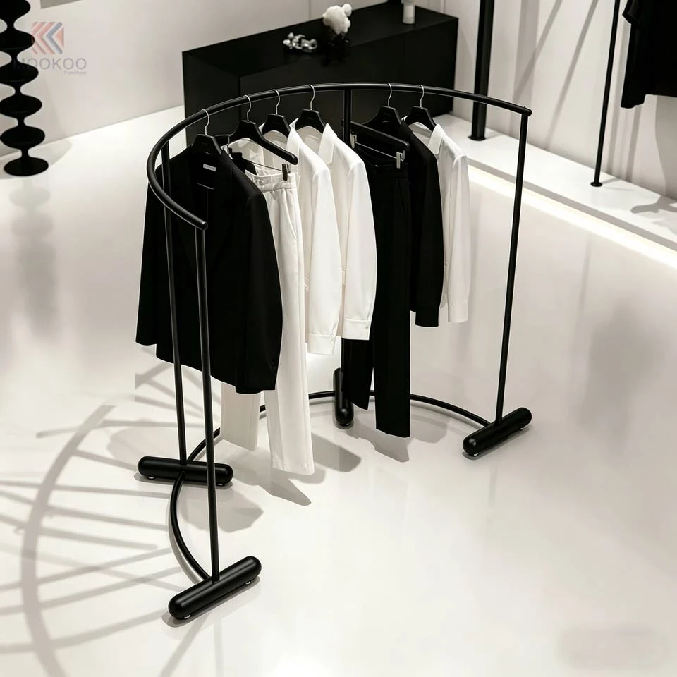 Black Metal Semi-Circle Clothing Display Rack With Tiered Side Tables - Rotating Garment Rack For Boutique Accessories factory