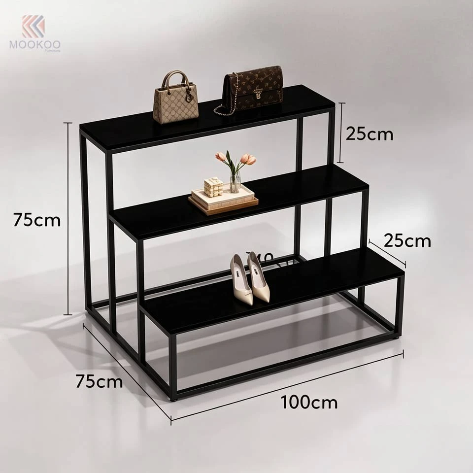Black Metal Semi-Circle Clothing Display Rack With Tiered Side Tables - Rotating Garment Rack For Boutique Accessories best