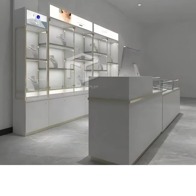 Minimalist Curved Low-Profile Jewelry Showcase With Backlit Modular Wall Display System factory